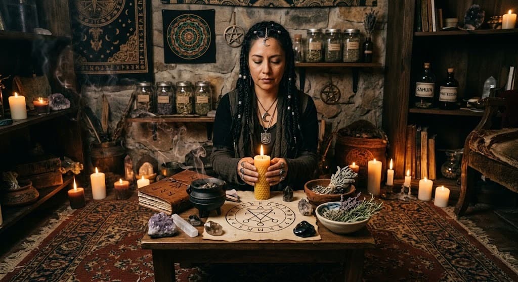 Ritual de limpieza energética y protección con velas, salvia y símbolos rituales