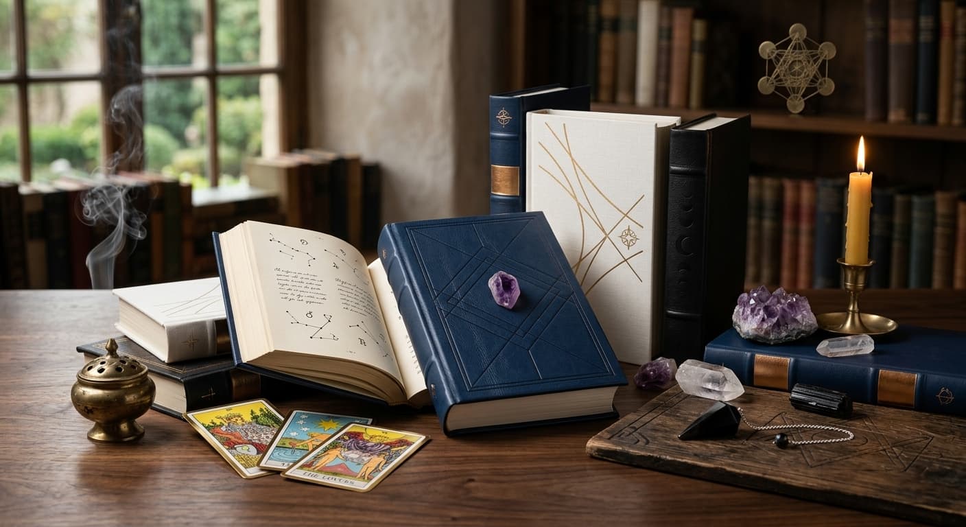 Libros abiertos sobre un escritorio, rodeados de cartas de tarot, cristales y una vela encendida